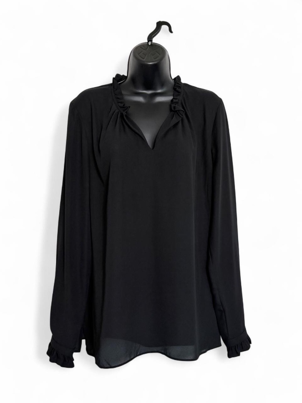 XL Rose & Olive Black Ruffle-Trim Long Sleeve V Neck Blouse